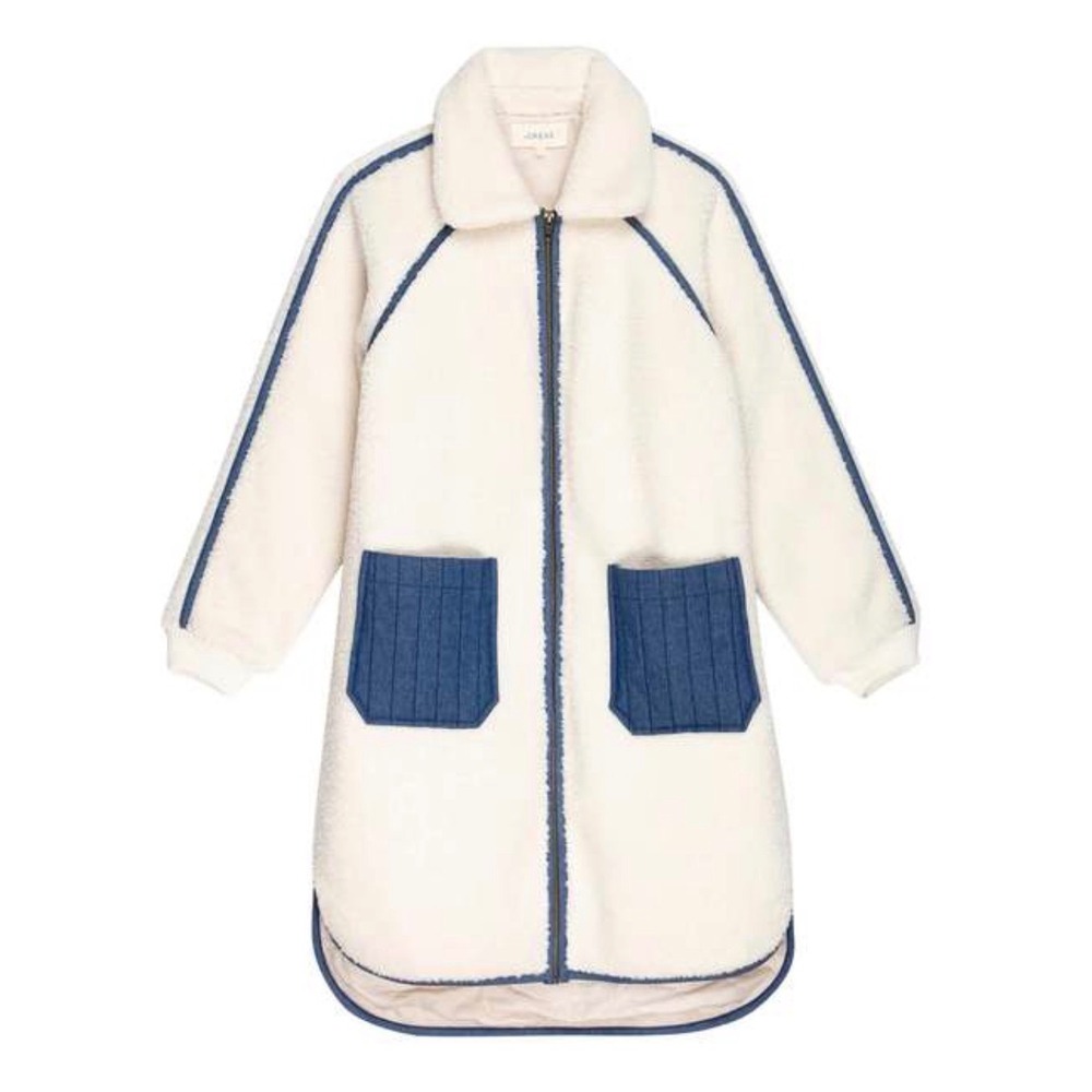 The Great Sherpa Long Coat Cream Blue Faux Fur Quilted Zip Jacket Womens Sz 1 S
